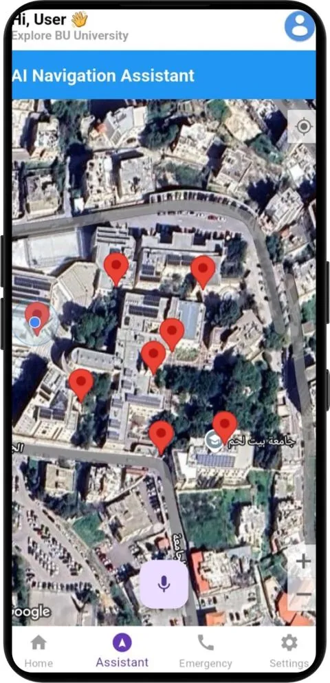 AuraStride navigation screen showing the Bethlehem University campus map with building markers and a voice command button