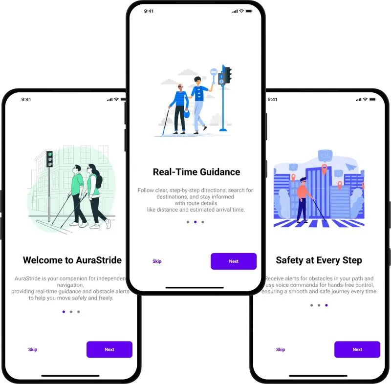 Three AuraStride onboarding screens, Welcome, Real-Time Guidance and Safety at Every Step