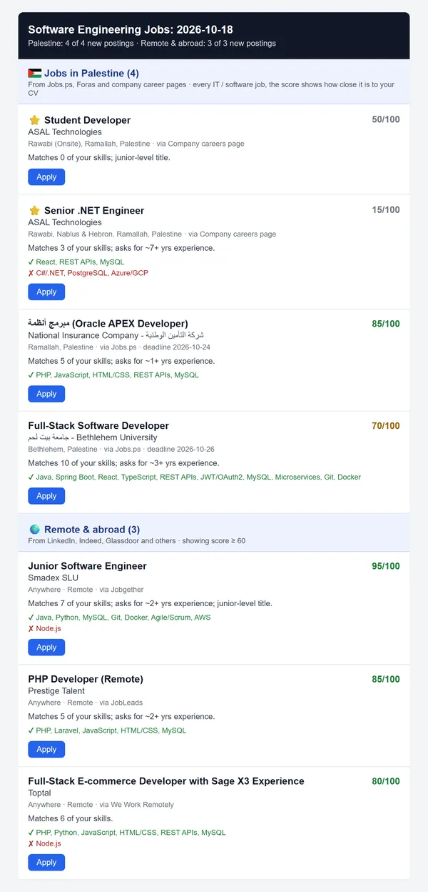Example email report listing software jobs in Palestine and remote jobs, each with a match score out of 100